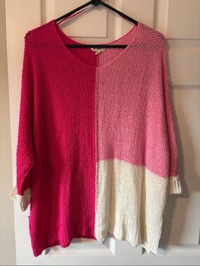 eesome Colorblock V-Neck Sweater in Fuchsia, Light Pink & Cream